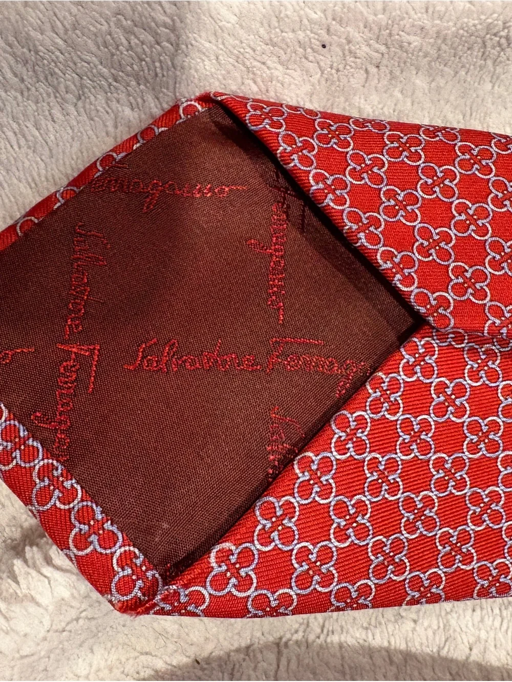 Salvatore Ferragamo Red Silk Tie with White Geometric Motif